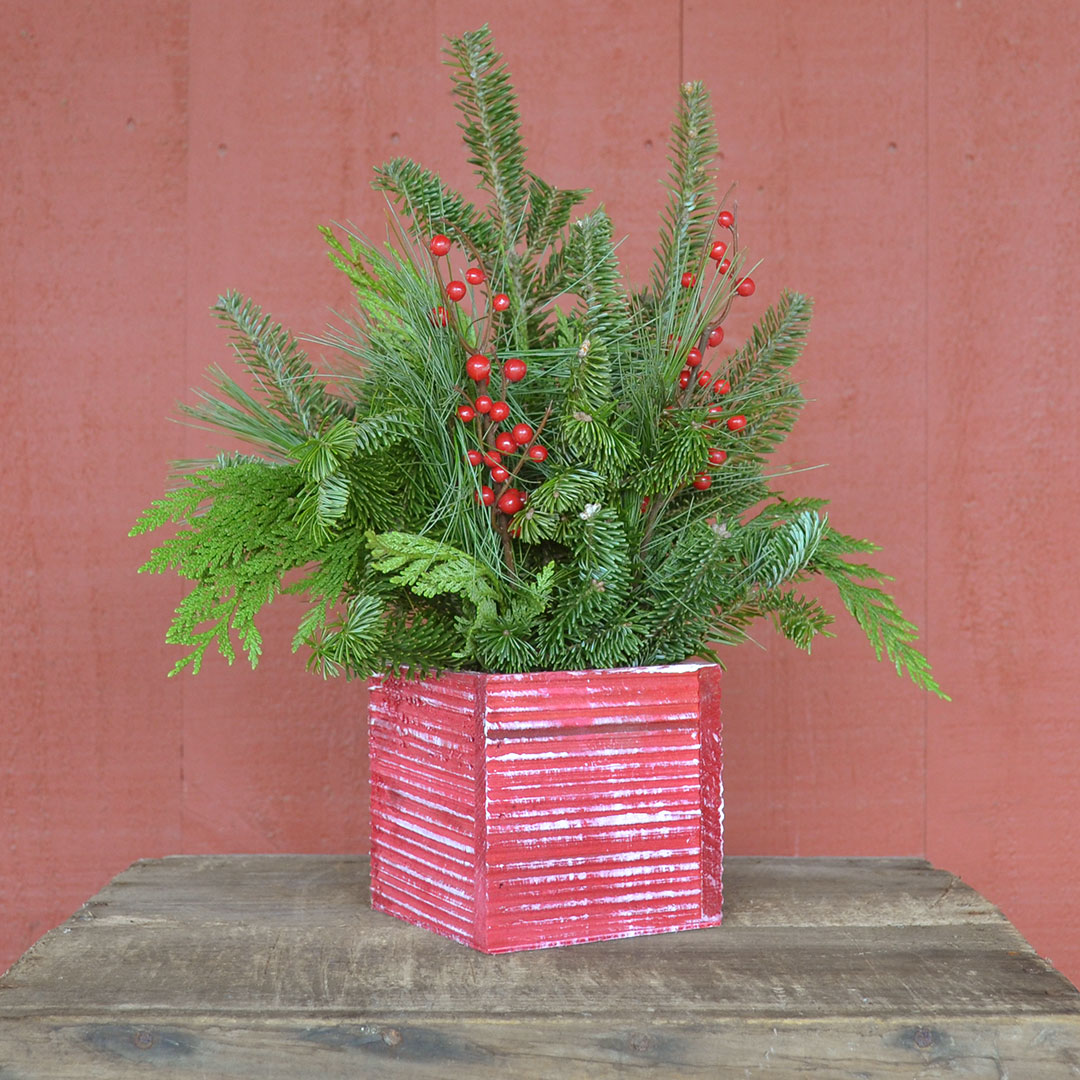 wooden centerpiece with red background